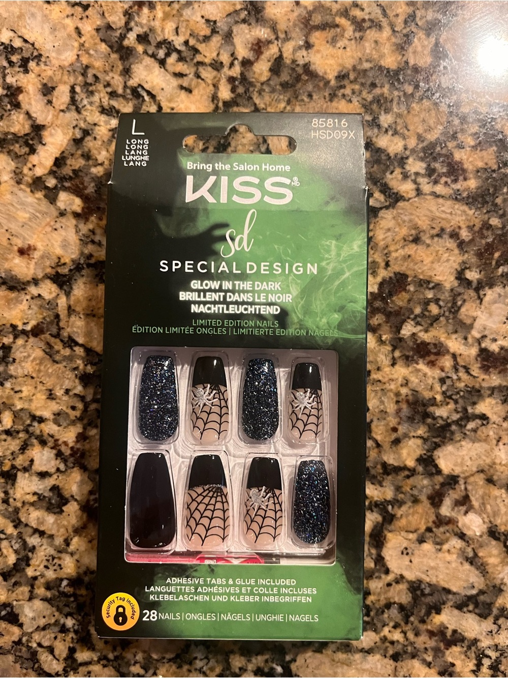 KISS Glow-In-The-Dark False Nails — Black & Navy Glitter with Spiderweb Accents